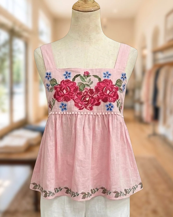 Floral Embroidered Square Neck Pom Trim Peplum Cami Top