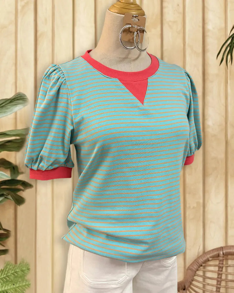 Striped Puff Sleeve Round Neck Commuting Shirt