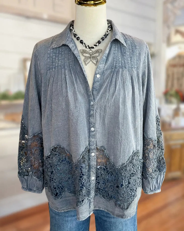 Collared Button Down Lace Patchwork Pleated Detail Blouse