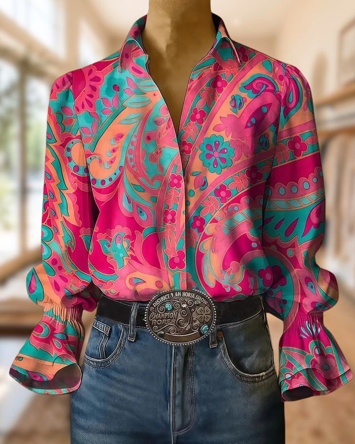 Floral Print Rocking Trumpet Sleeve Button Up Shirt