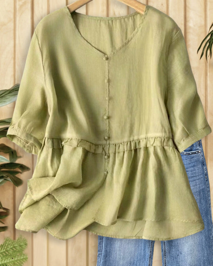 Solid Color V Neck Button Down Sweet Peplum Blouse