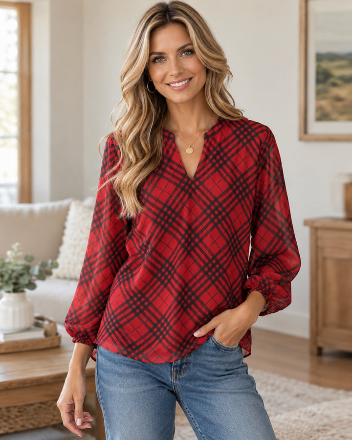 Plaid Print V Neck Long Sleeve Loose Fit Casual Blouse
