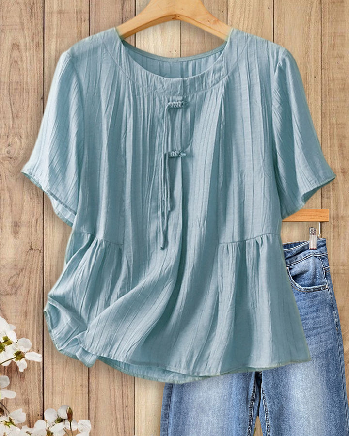 Solid Color Frog Button Short Sleeve Peplum Casual Blouse