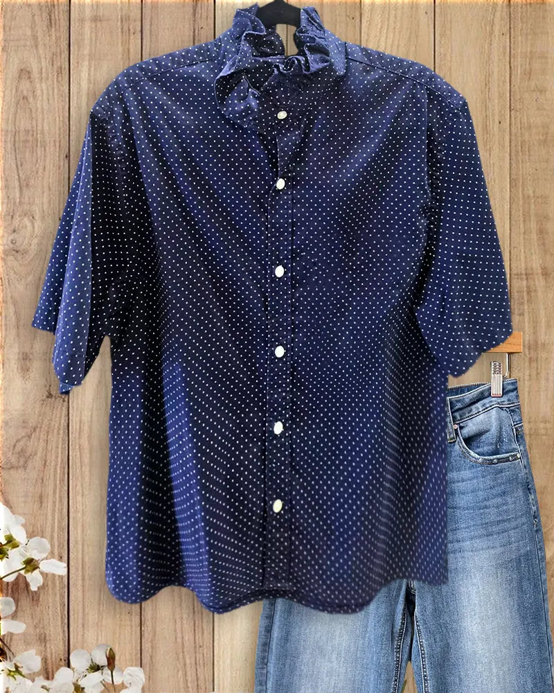 Polka Dot Ruffled Collar Short Sleeve Button Down Shirt