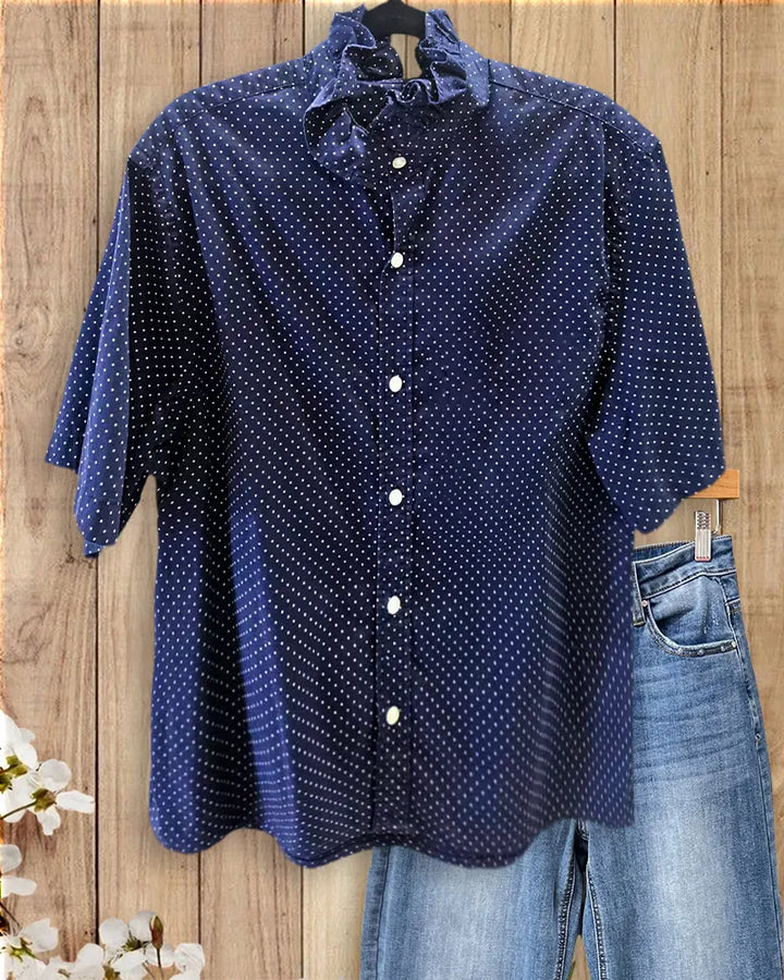 Polka Dot Ruffled Collar Short Sleeve Button Down Shirt