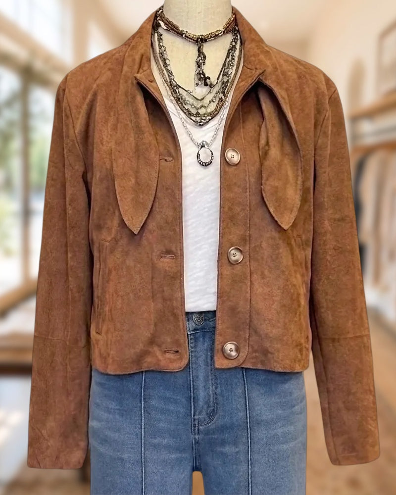 Tie Neck Long Sleeve Button Front Solid Color Cropped Jacket