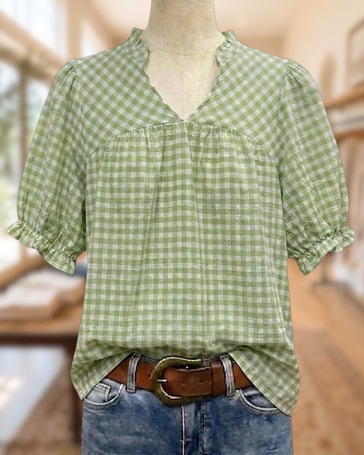 Gingham V Neck Puff Sleeve Ruffled Shirred Casual Blouse