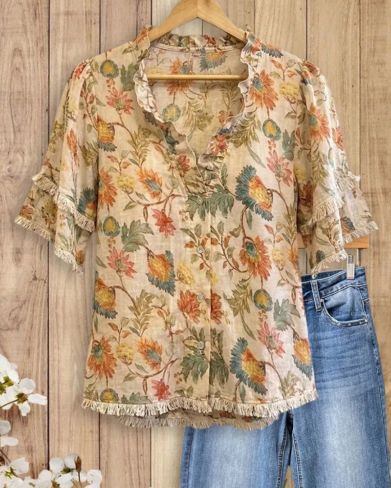 Floral Print Ruffled V Neck Tiered Sleeve Casual Blouse