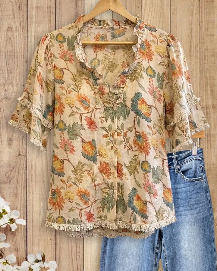 Floral Print Ruffled V Neck Tiered Sleeve Casual Blouse