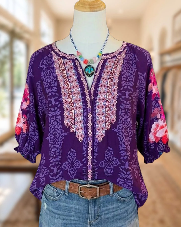 Floral Print Lace Trim Split Neck Half Sleeve Loose Blouse