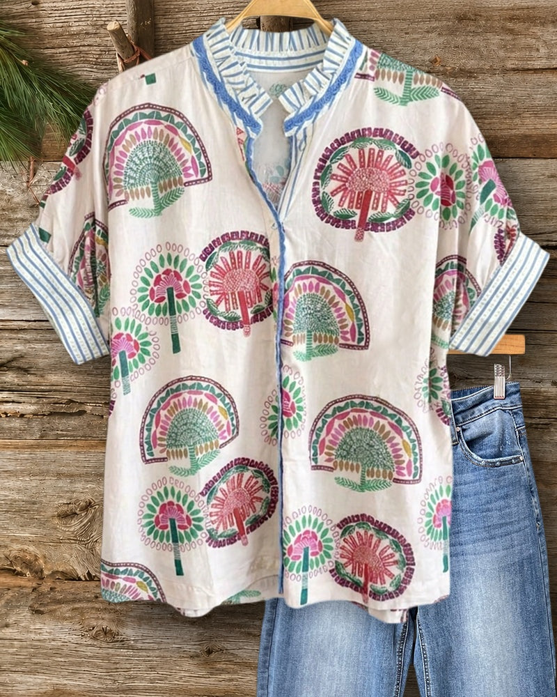 Ethnic Print Ruffle Collar Button Down Short Sleeve Blouse