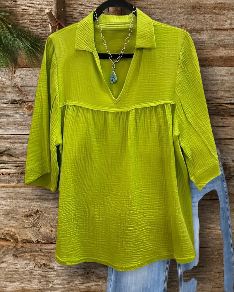 Solid Color Casual V Neck Babydoll Blouse