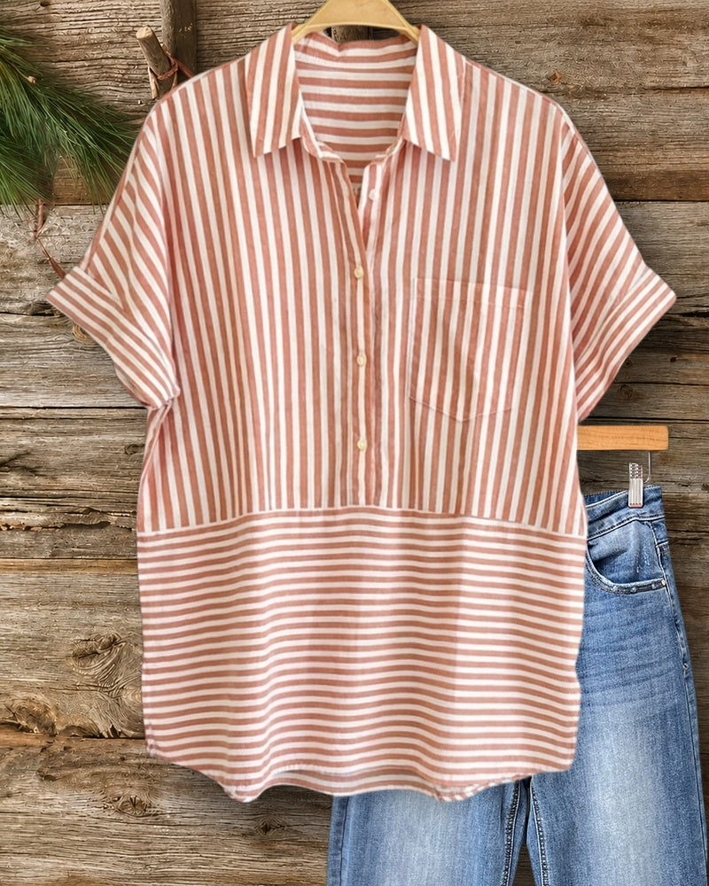 Striped Half Placket Rolled Cuff Chest Pocket Loose Casual Shirt