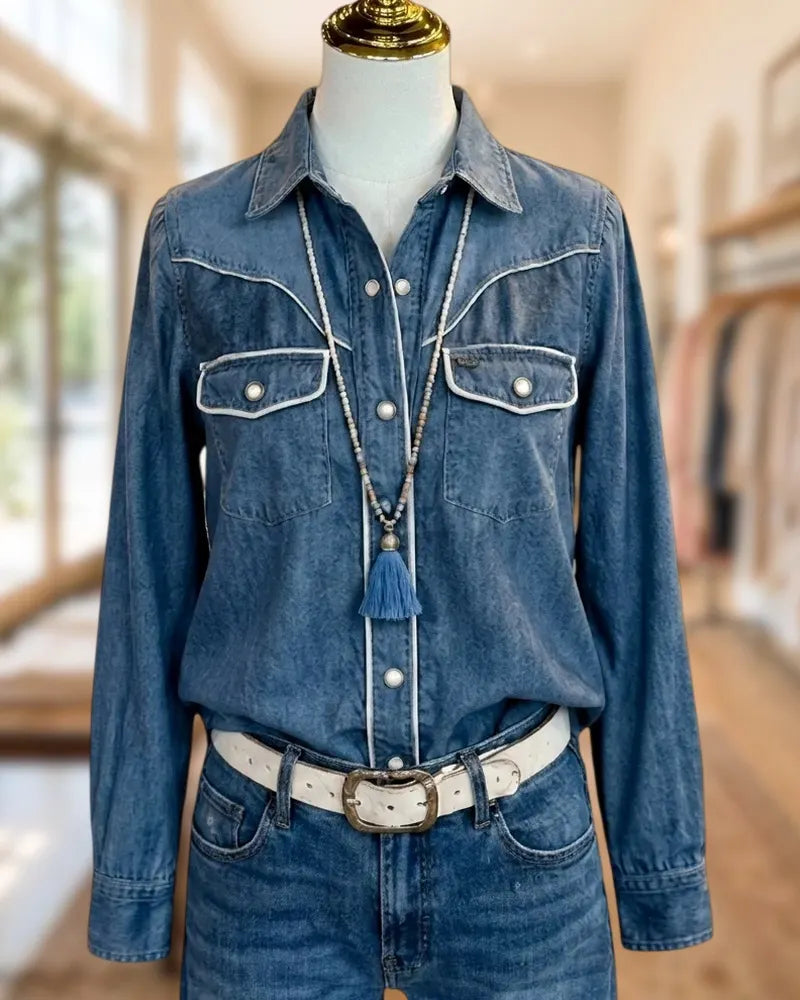 Contrast Piping Pearl Snap Chest Pocket Long Sleeve Shirt