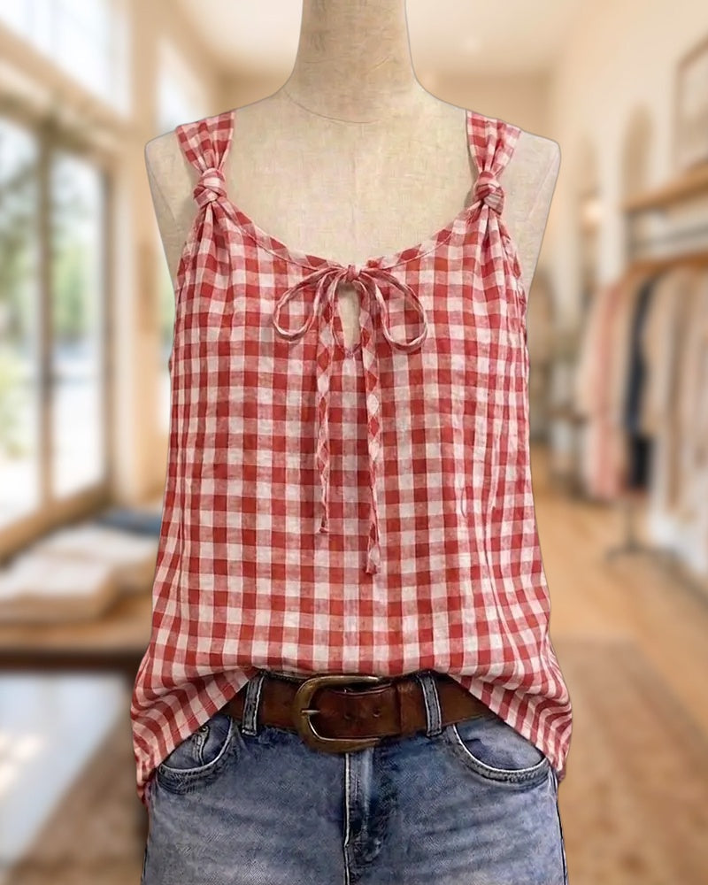 Knotted Strap Tie Front Gingham Loose Casual Summer Tank Top