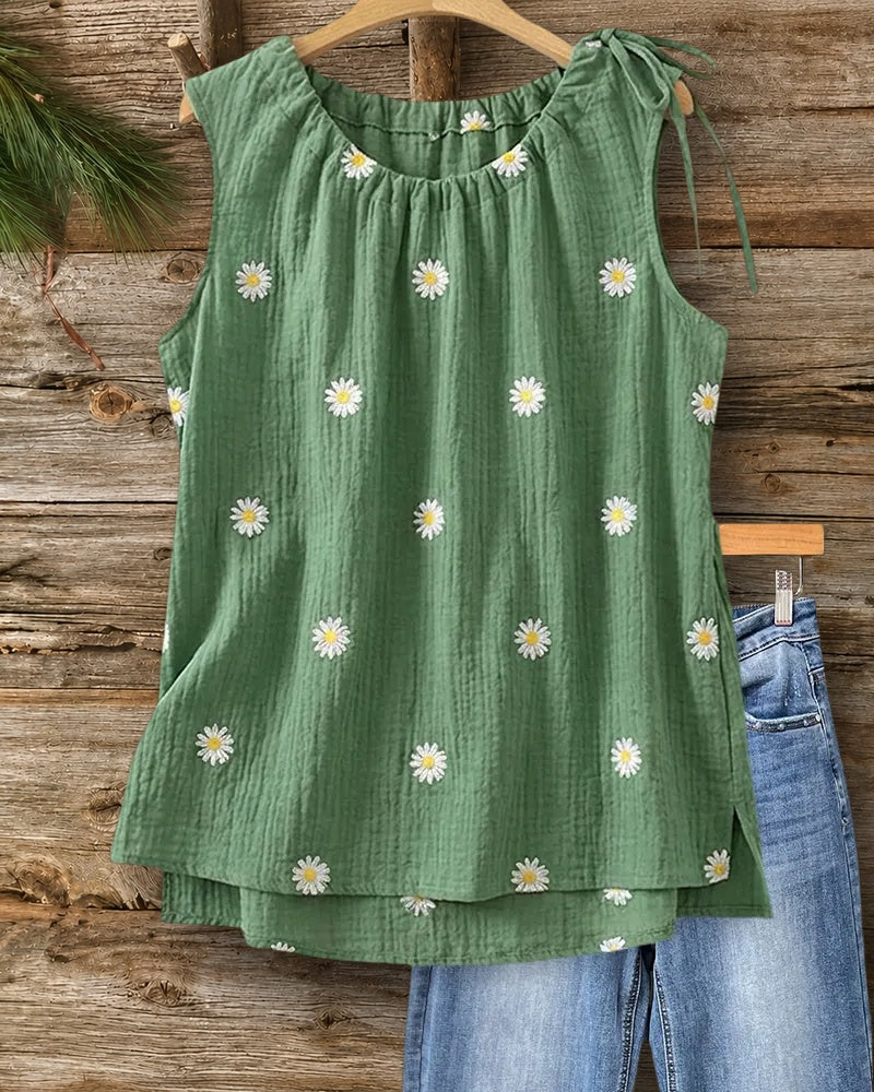 Daisy Print Tie Detail Round Neck Side Slit Tank Top