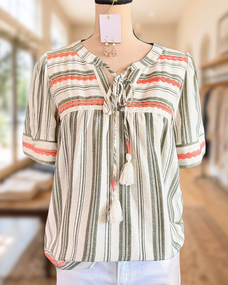 Embroidered & Striped Tie Neck Short Sleeve Retro Blouse