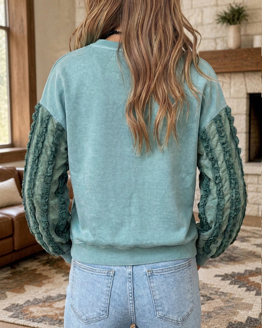 Ruffle Sleeve Bow Applique Crew Neck Loose Casual Sweatshirt