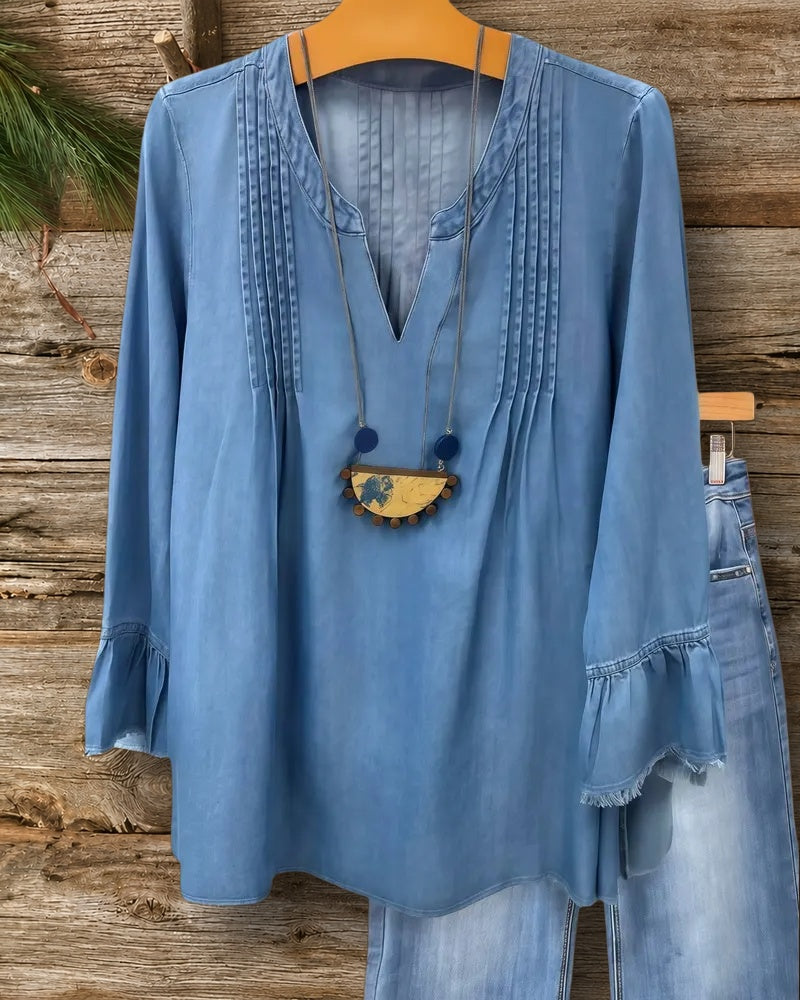 Solid Color V Neck Retro Pleated Frayed Blouse