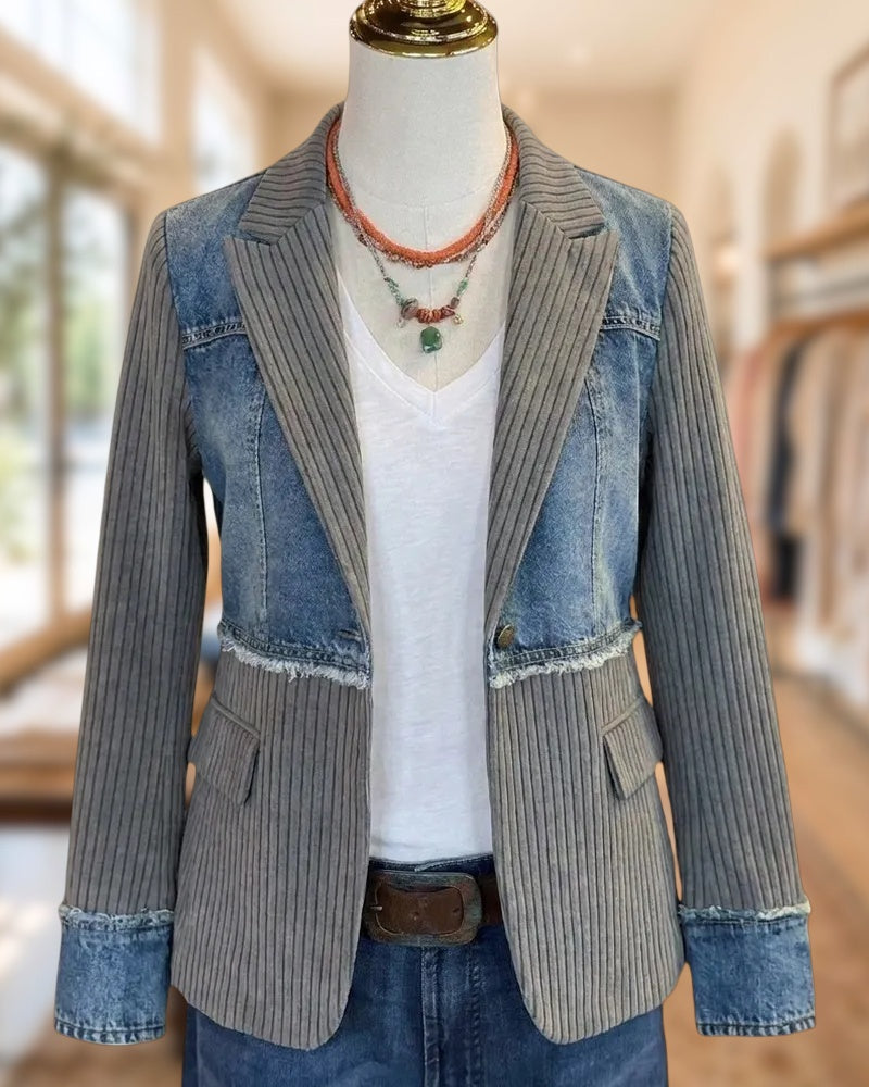 Denim Spliced Striped Panel Frayed Trim Notched Lapel Blazer