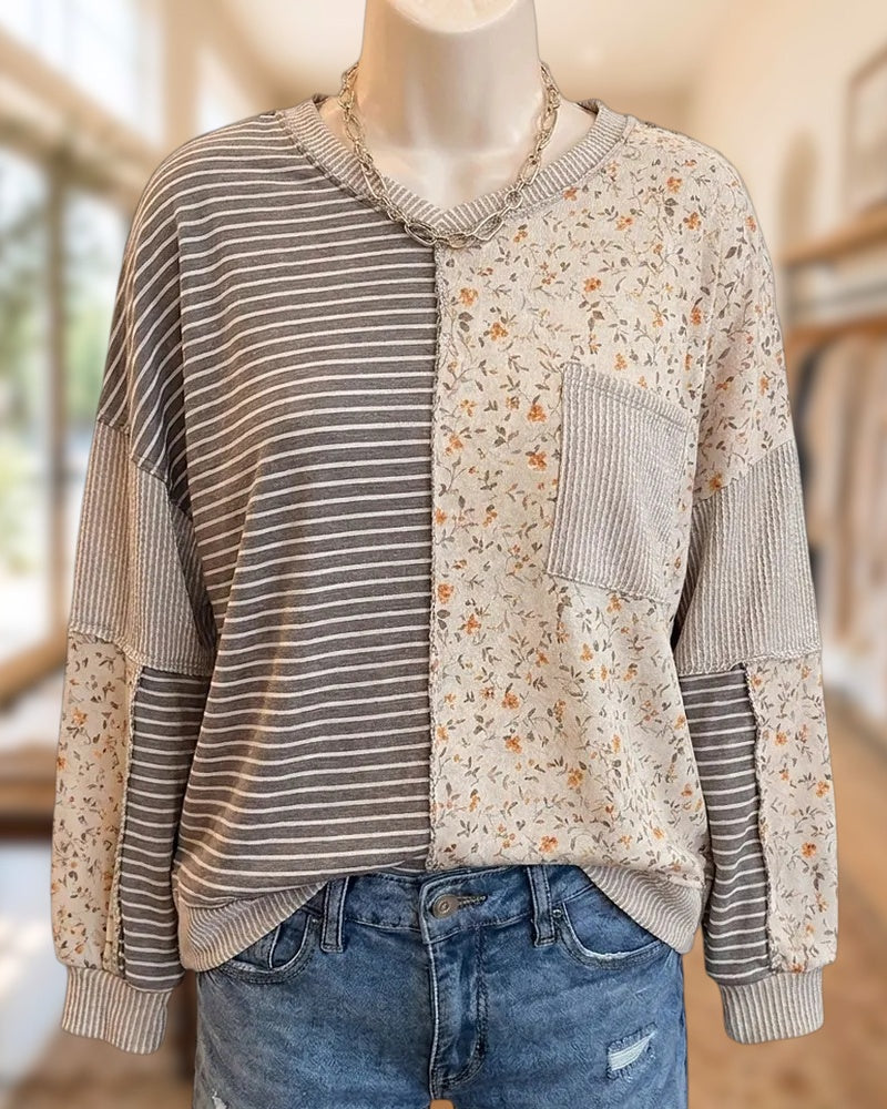 Patchwork Striped Floral Contrast Panel Long Sleeve Casual Sweatshirt