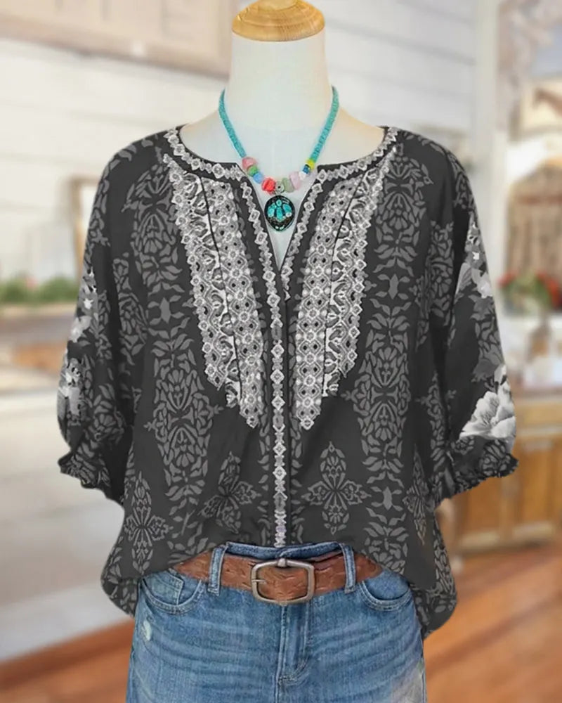 Floral Print Lace Trim Split Neck Half Sleeve Loose Blouse