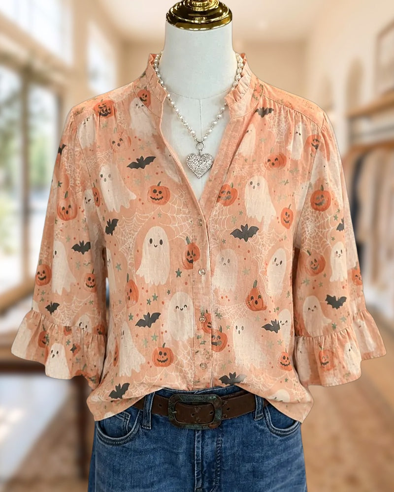 Halloween Print V Neck Button Front Ruffle Cuff Blouse