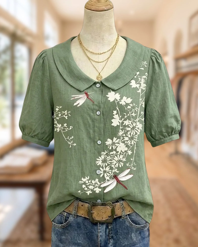 Peter Pan Collar Puff Sleeve Floral Print Button Front Blouse