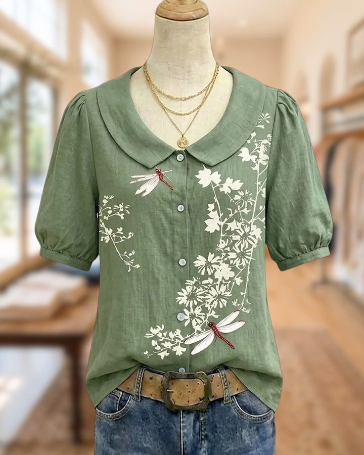 Peter Pan Collar Puff Sleeve Floral Print Button Front Blouse