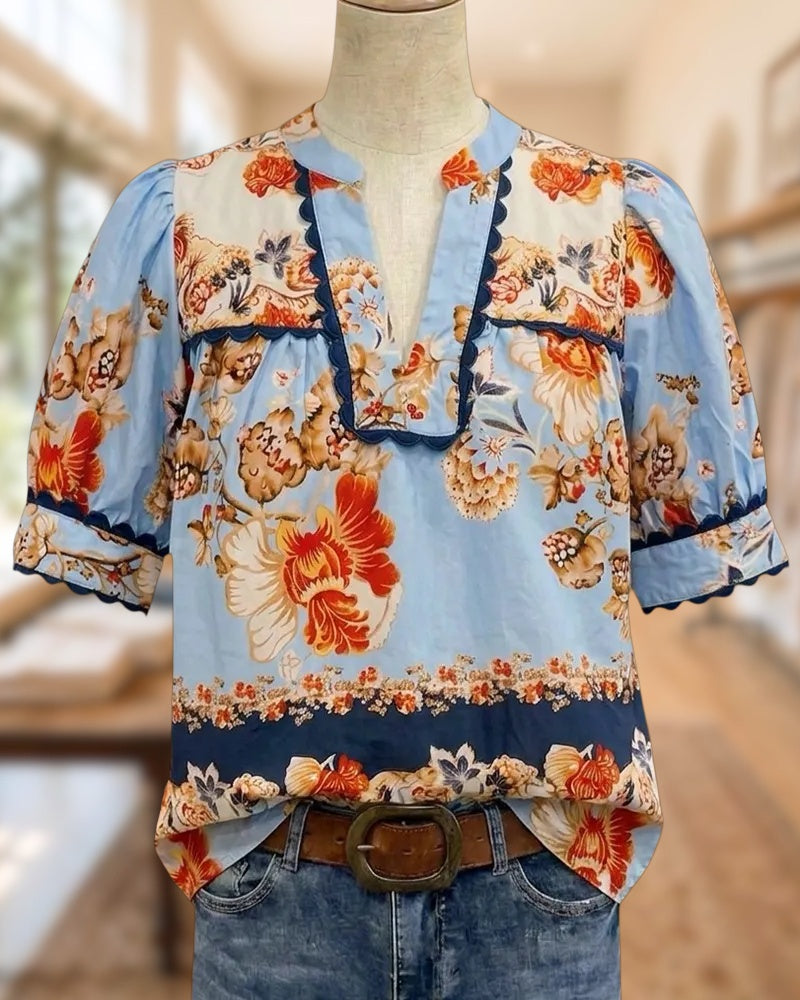 Floral Print Puff Sleeve Scallop Trim V Neck Loose Blouse
