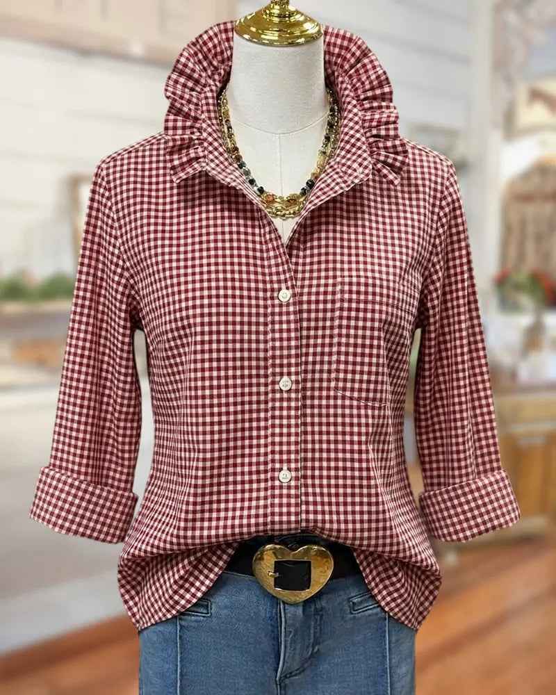 Ruffled Collar Gingham Button Front Chest Pocket Rolled Cuff Shirt