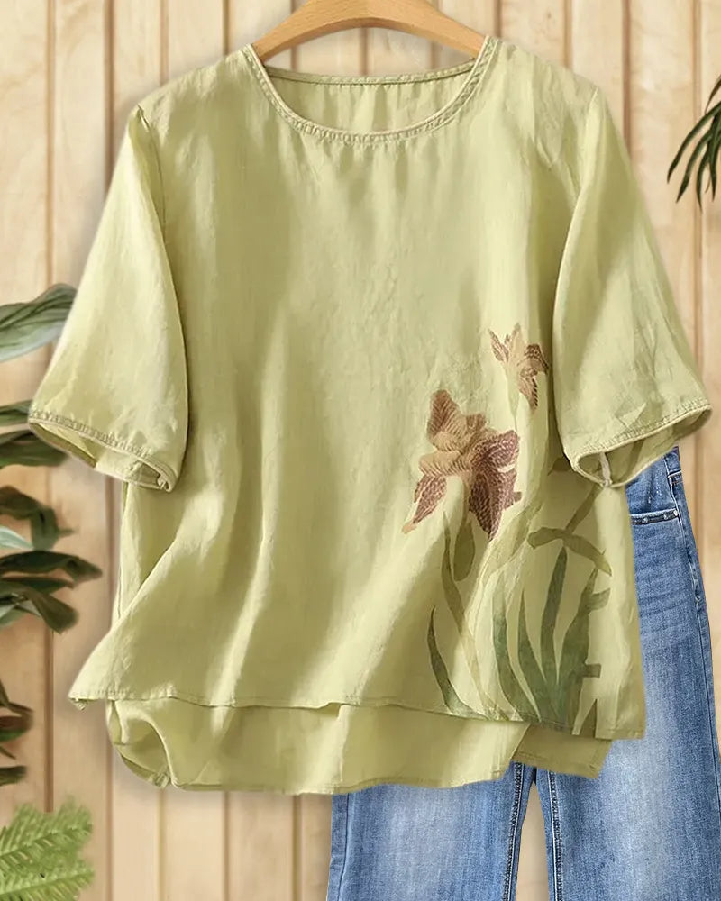 Floral Print Round Neck Loose Short Sleeve Blouse