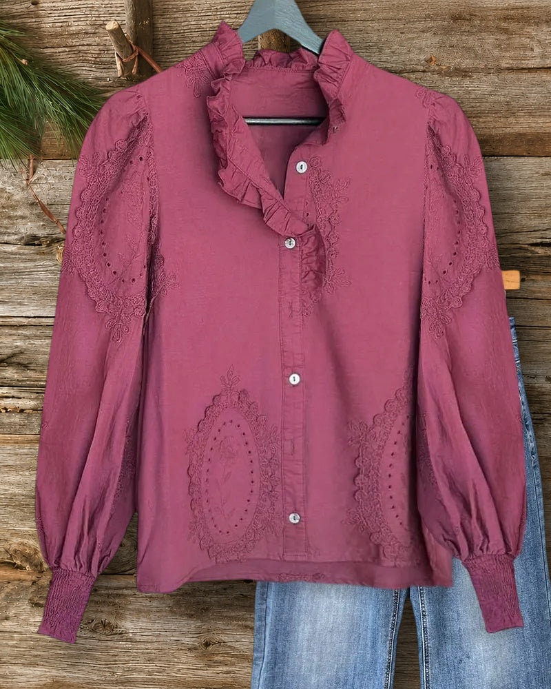 Solid Color Floral Applique Glamorous Ruffles Trim Button Up Blouse