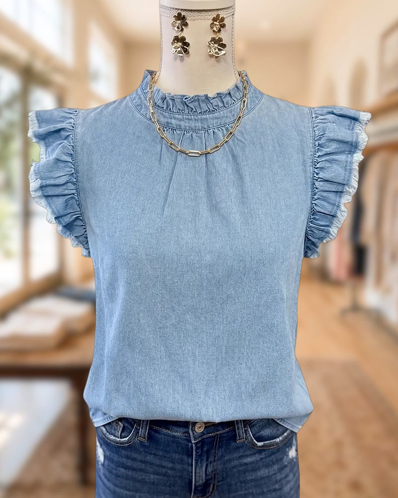 Ruffled Mock Neck Flutter Sleeve Frayed Trim Casual Denim Blouse