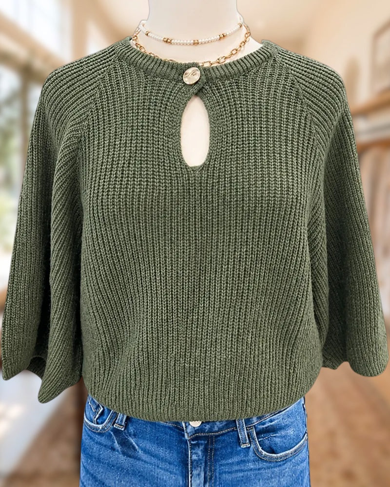 Round Neck Keyhole Detail Solid Color 3/4 Sleeve Knit Sweater