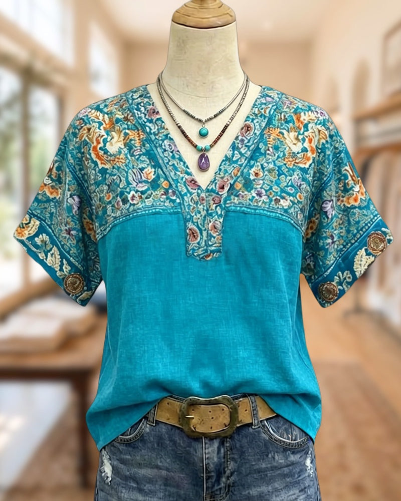 V Neck Floral Embroidered Short Sleeve Loose Fit Casual Blouse