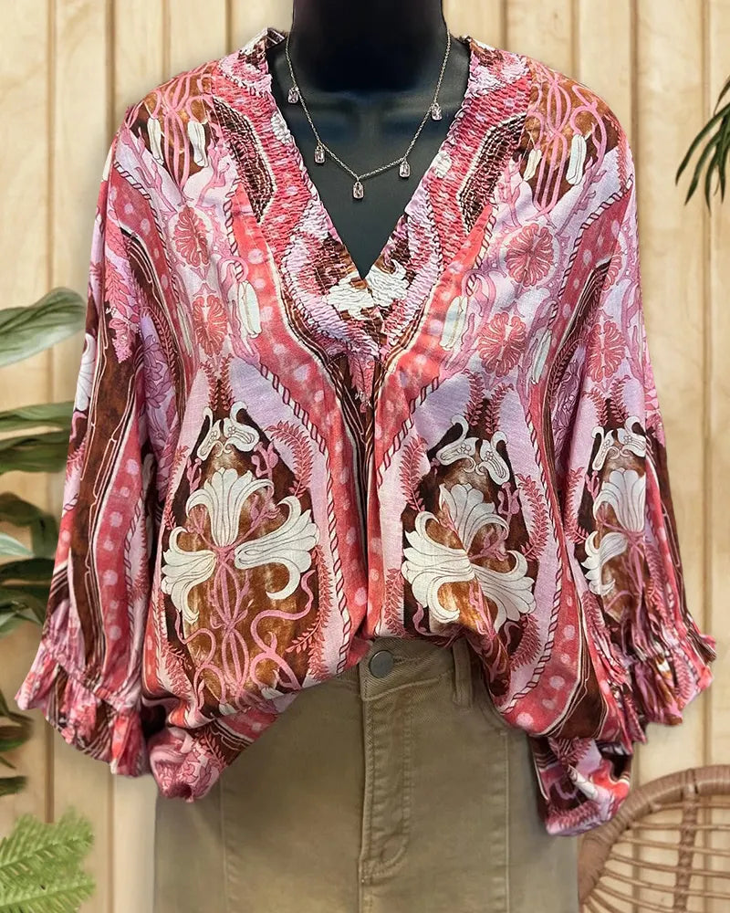Floral Print Elegant Smocked V Neck Blouse