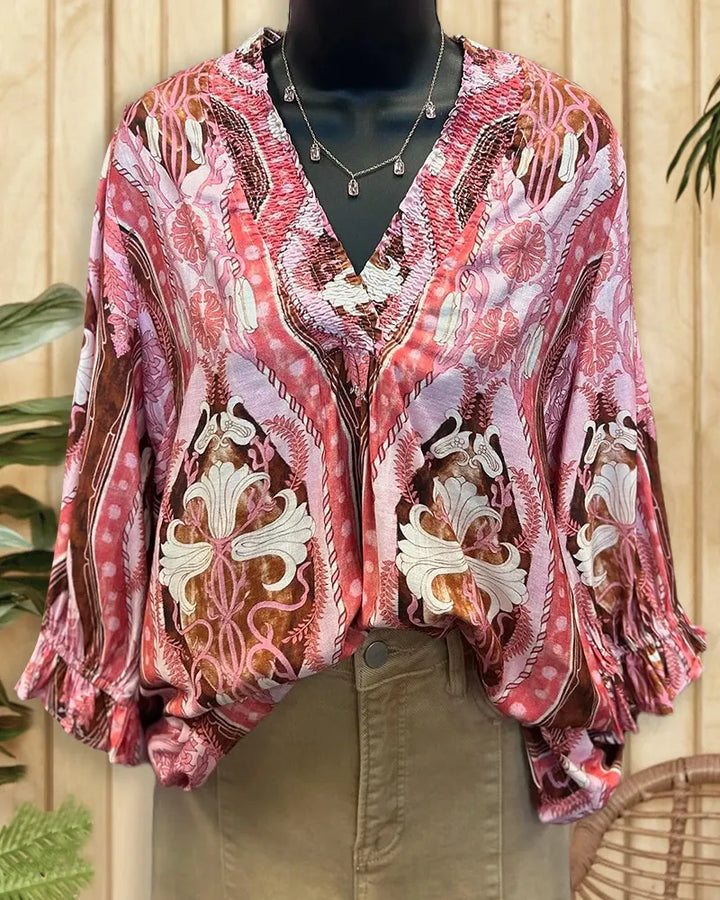 Floral Print Elegant Smocked V Neck Blouse
