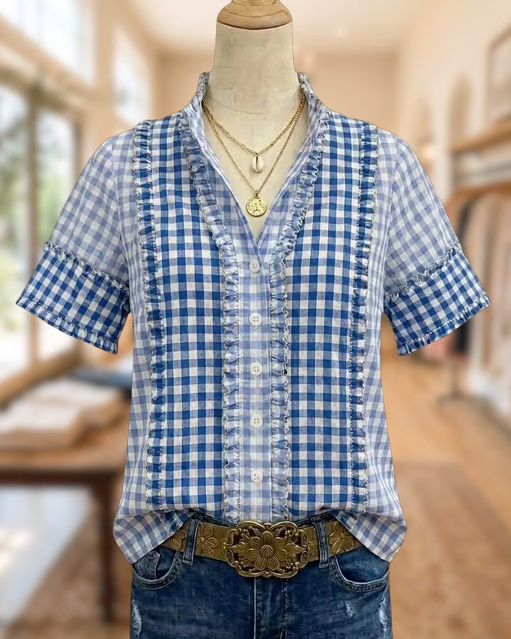 Ruffled Trim Plaid Button Front V Neck Short Sleeve Blouse