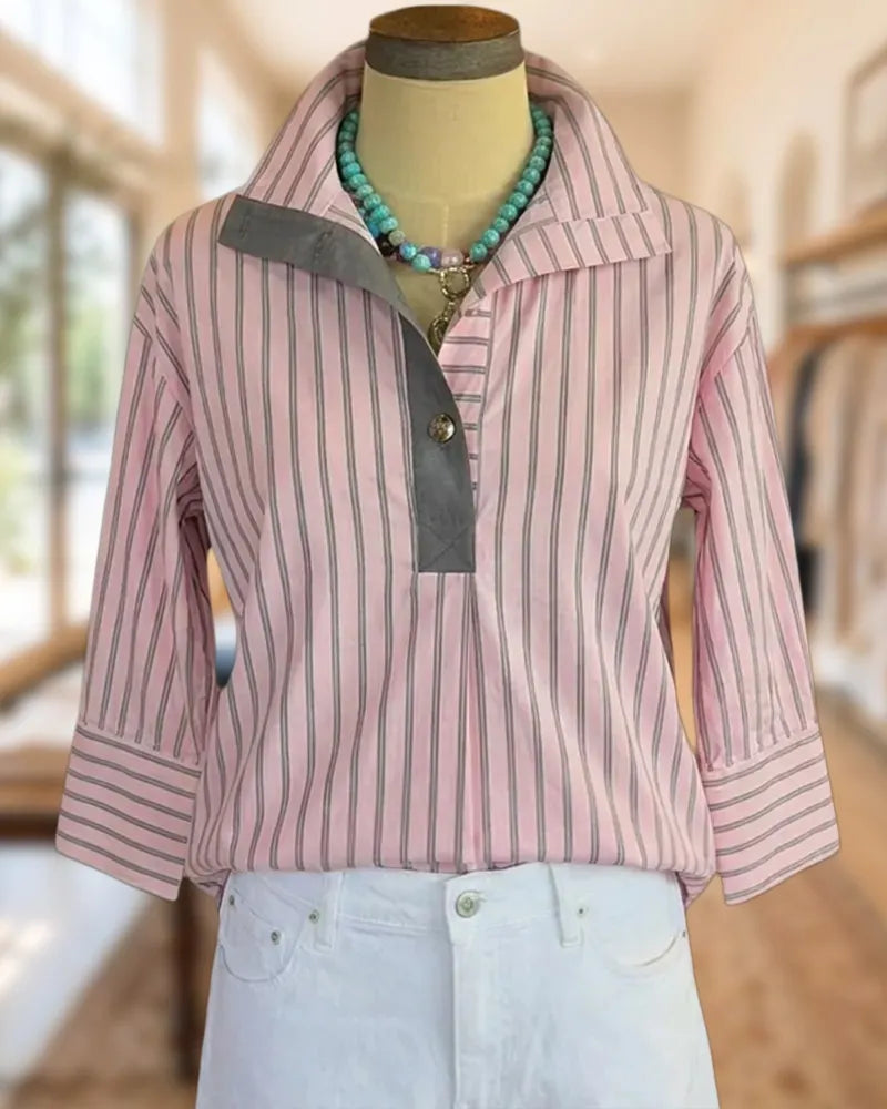 Striped Contrast Placket Collared 3/4 Sleeve Relaxed Fit Shirt