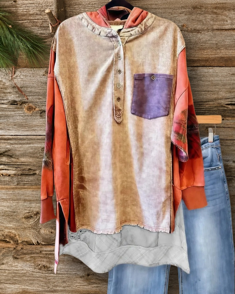 Frayed Plaid Patchwork Color Block Bold Side Slit High Low Blouse