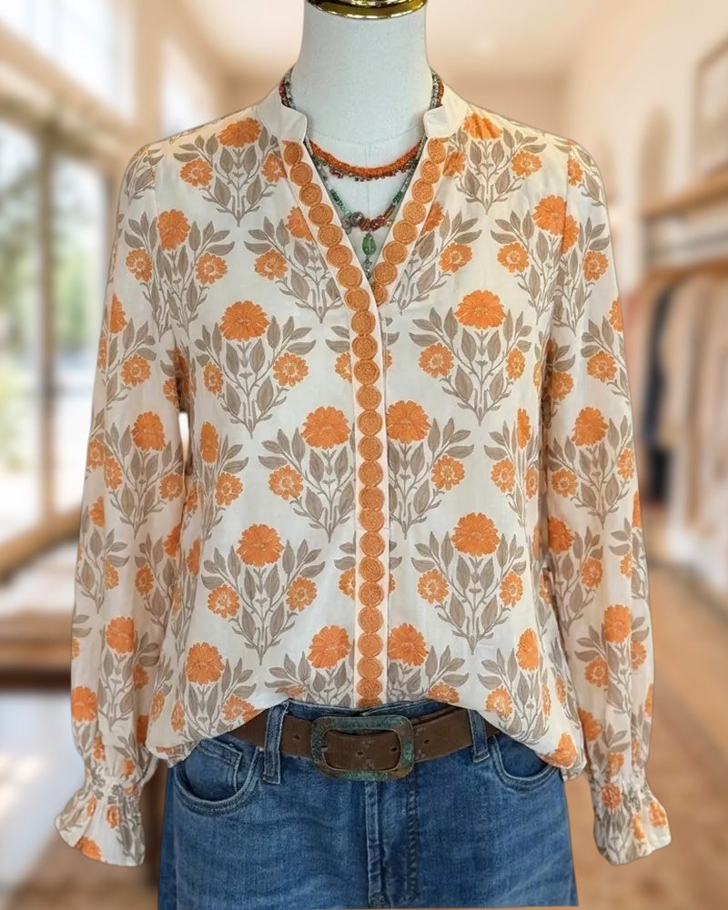 Floral Print Button Front Ruffled Cuff Relaxed Fit Blouse