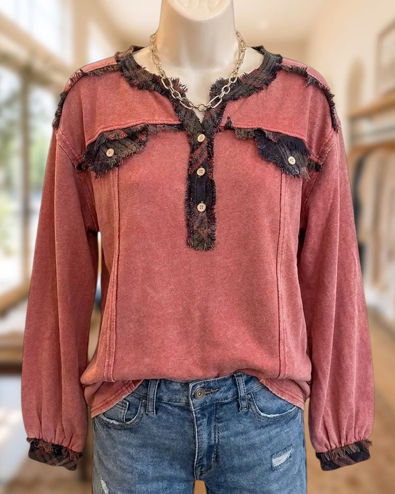 Frayed Trim Henley Placket Long Sleeve Vintage Casual Sweatshirt