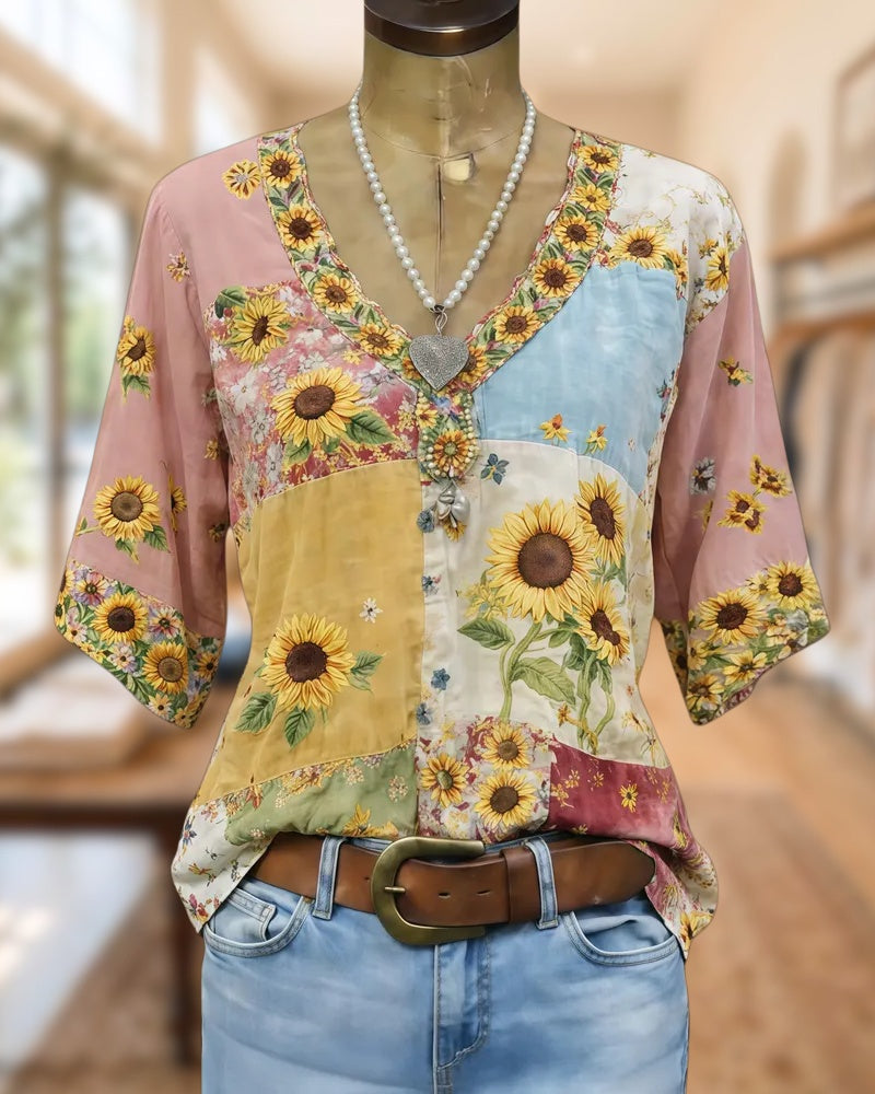 Sunflower Print Color Block V Neck Urban Shirt