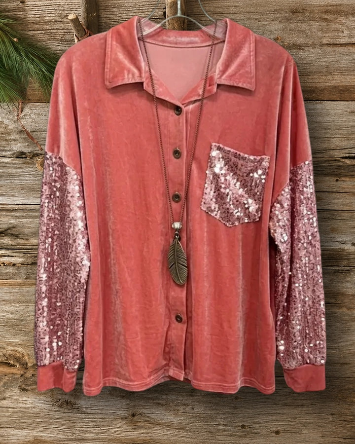 Sequin Accent Collared Button Front Patch Pocket Long Sleeve Shirt