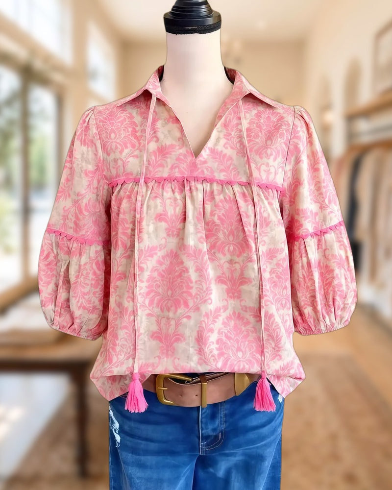 Floral Print Scalloped Decor Cute Puff Sleeve Blouse