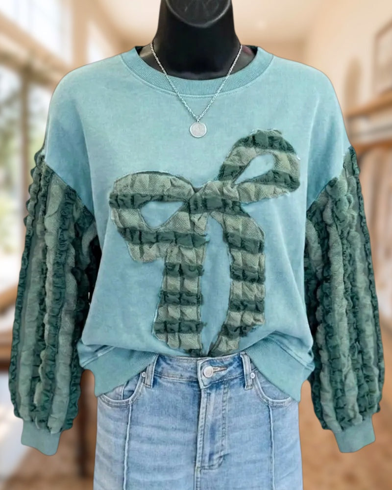 Ruffle Sleeve Bow Applique Crew Neck Loose Casual Sweatshirt