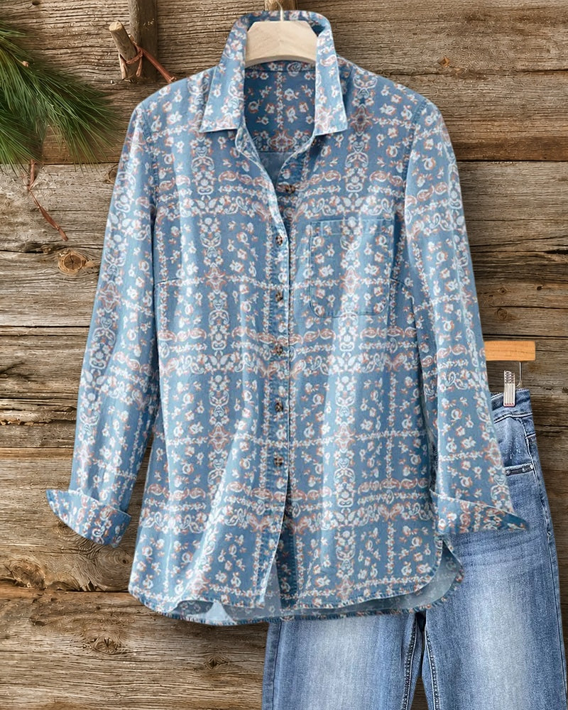 Boho Printed Button Down Long Sleeve Chest Pocket Shirt