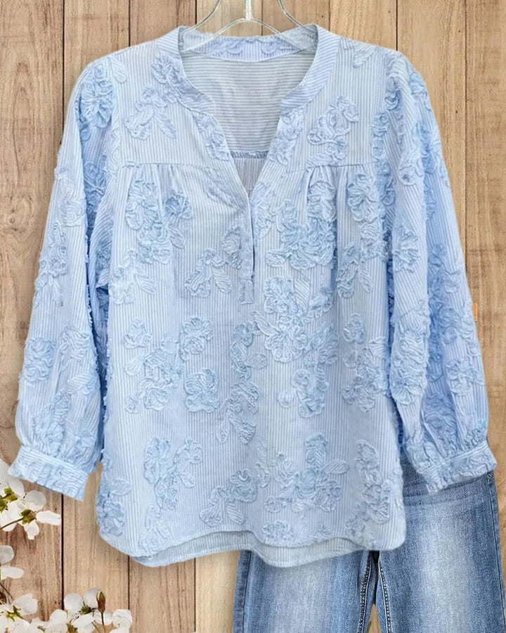 Embroidered Striped Split Neck 3/4 Sleeve Loose Fit Blouse