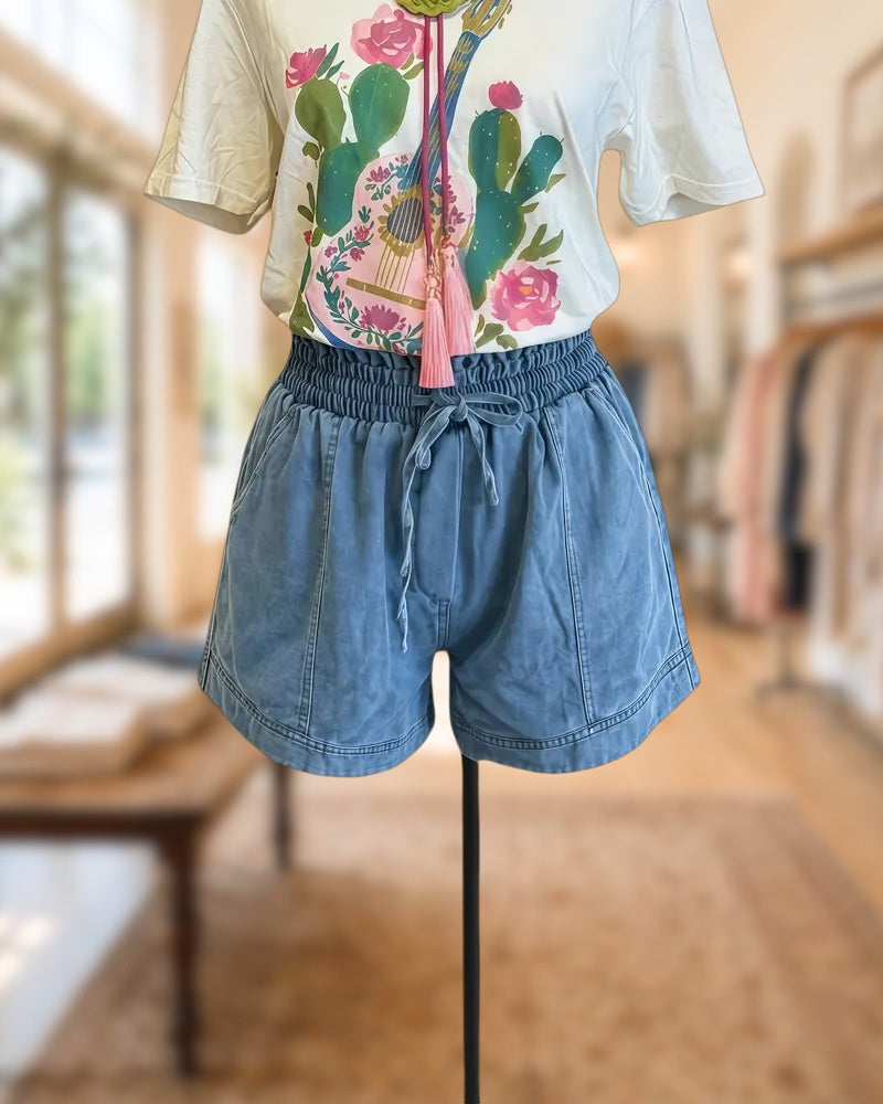 Solid Color Denim Stylish Drawstring Shorts